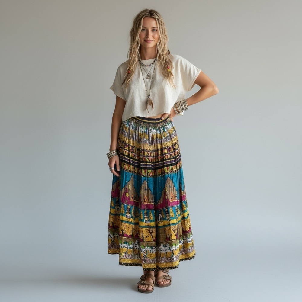 Vintage 90s Boho Gauze Maxi Skirt Artsy Celestial Village Print India Cotton L